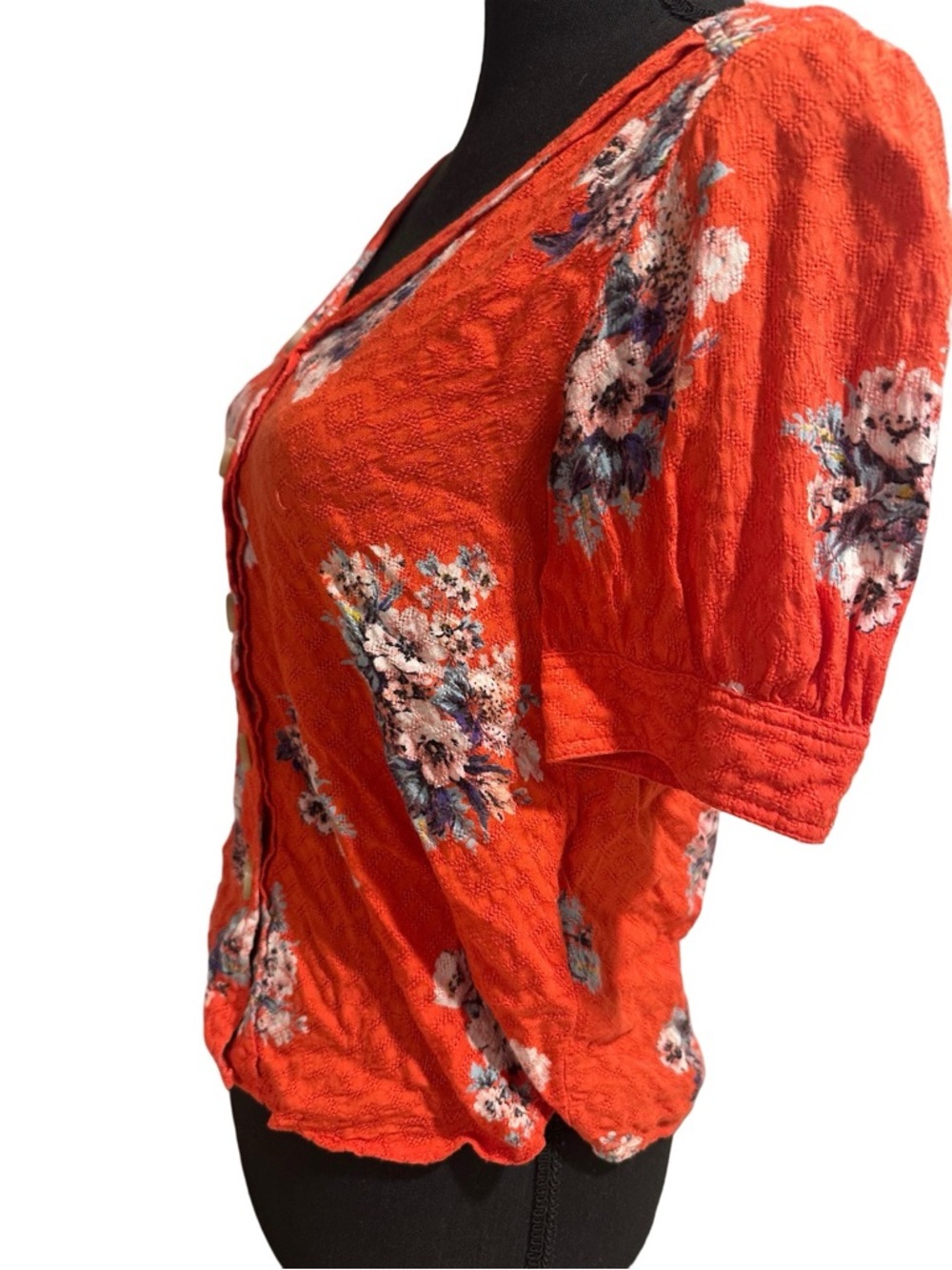 Anthropologie Maeve Hansley Orange Textured Floral V-Neck Button-Down Blouse GUC - Picture 4 of 16